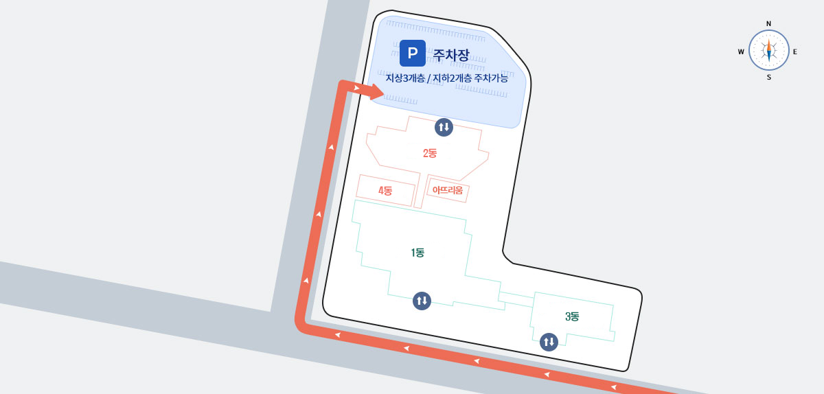 주차장 위치 - 본원 건물 북쪽방면 위치, 지하3개층/지하 2개층 주차가능. 