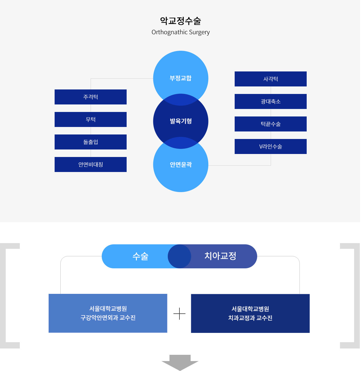 악교정 수술(Orthognathic Surgery) 부정교합(주걱턱, 무턱, 돌출입, 안면비대칭), 발육기형, 안면윤곽(사각턱, 광대출소, 턱끝 수술, V라인 수술, 수술(서울대학교병원 구강악안면외과 교수진 + 치아교정(서울대학교병원 치과교정과 교수진) 협진시스템으로 심미적, 기능적으로 회상의 결과를 보여주고 있습니다. 서울대학교병원 마취과 및 여러 진료과의 긴밀한 협진으로 환자분들에게 안전한 진료를 보장합니다. 