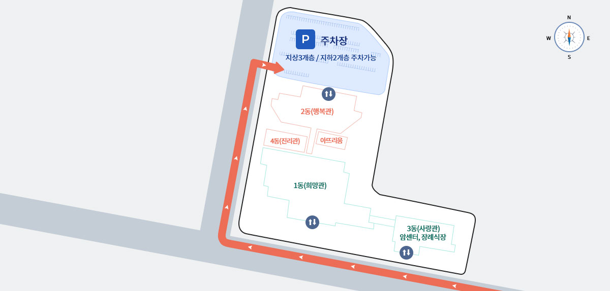 주차장 위치 - 본원 건물 북쪽방면 위치, 지하3개층/지하 2개층 주차가능. 