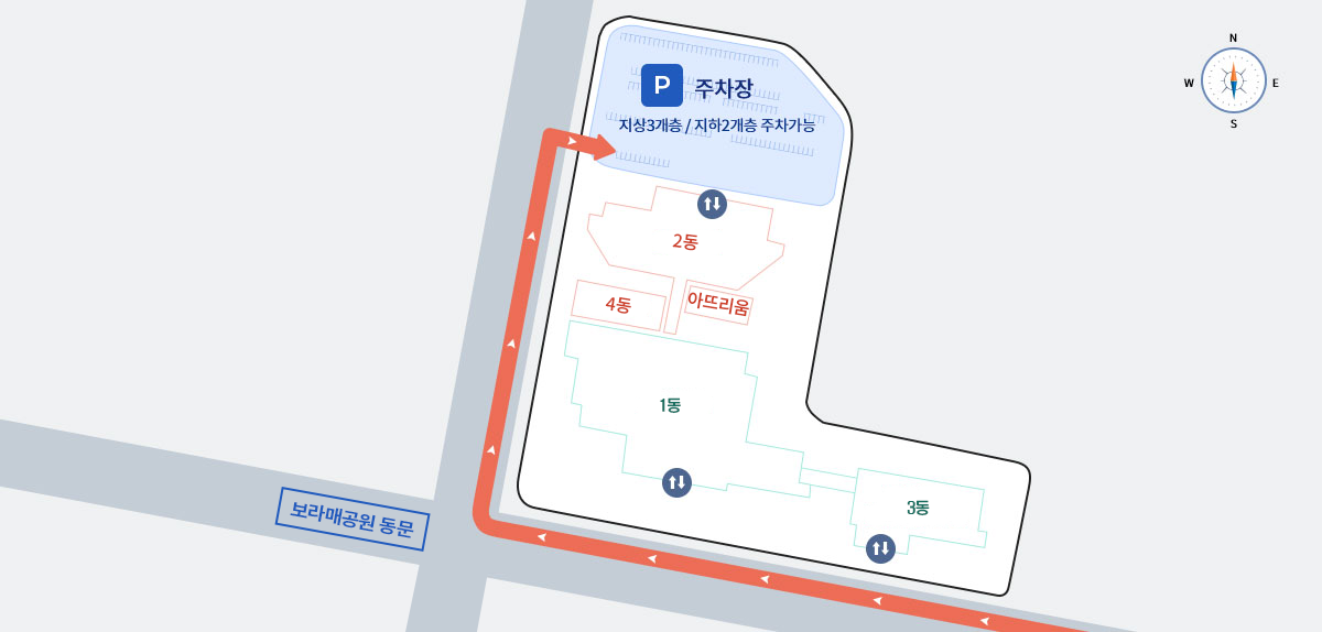 주차장 위치 - 본원 건물 북쪽방면 위치, 지상3개층/지하 2개층 주차가능. 