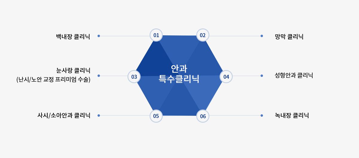 안과 특수클리닉, 백내장클리닉, 망막클리닉, 눈사랑클리닉(난시/노안 교정 프리미엄 수술), 성형안과 클리닉, 사시/소아안과 클리닉, 녹내장 클리닉